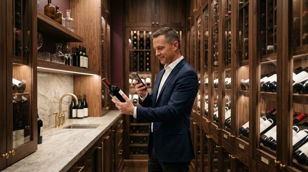 food-and-beverage-manager-scanning-a-wine-bottle-landscape food and beverage manager scanning a wine bottle landscape